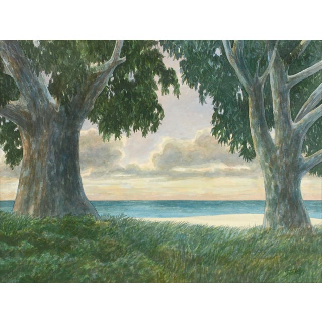 "Shoreline", Modern Coastal Landscape Eucalyptus Trees, Sunset Coastal Landscape Watercolor by Kipp Stewart (American, b....