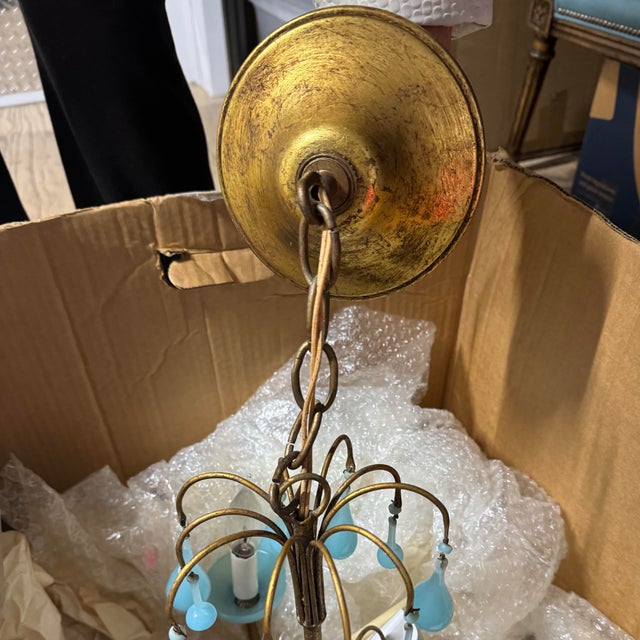 1930s French Blue Opaline Art Glass 3-Arm Chandelier For Sale - Image 10 of 12