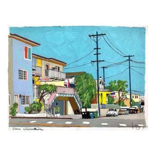 Strolling Hermosa Beach - Original Coastal California Pop Art Mixed Media Work on Paper by Fabio Coruzzi For Sale
