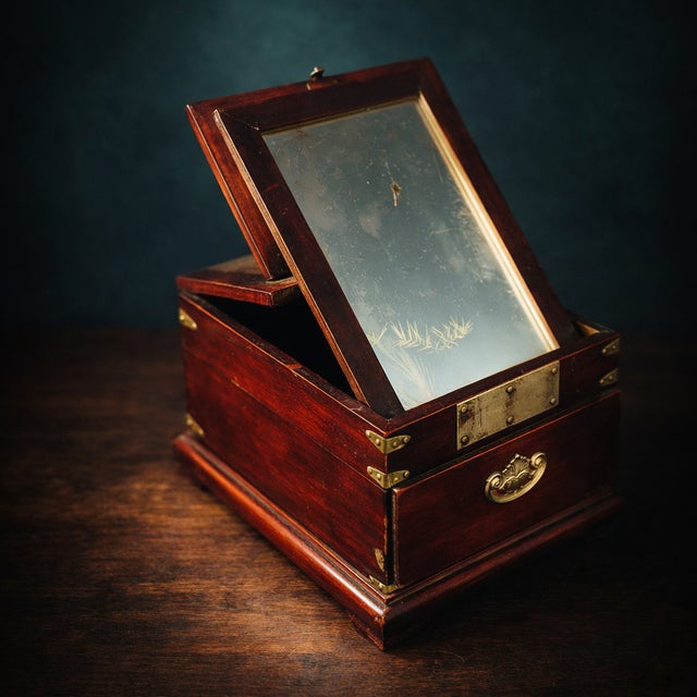 Title: Antique Korean Joseon Dynasty Vanity Box | 19th Century Campaign Style Traveling Mirror Chest | Moody Dark Wood &...