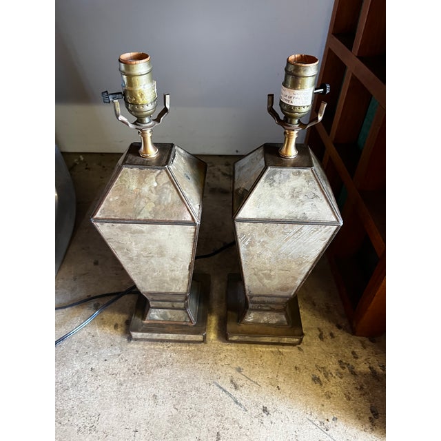 1980s Neoclassical Foxed Mirror & Brass Table Lamps - A Pair For Sale - Image 4 of 9