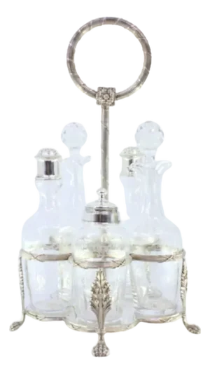 Silver and Glass Cruet with Salt Shaker, Pepper Shaker and Mustard Pot, Set of 5