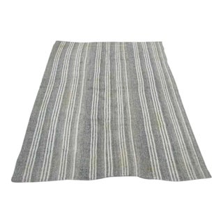 Vintage Turkish Kilim White & Gray Striped Rug - 6′3″ × 7′9″ For Sale
