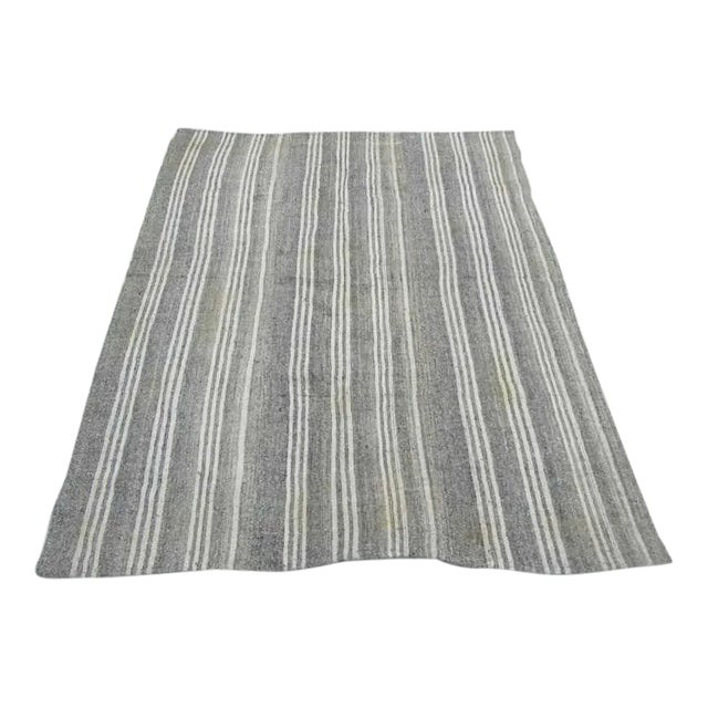 Vintage Turkish Kilim White & Gray Striped Rug - 6′3″ × 7′9″ For Sale