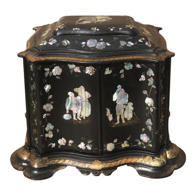 19th C. English Inlaid Papier Mache Jewelry Box For Sale