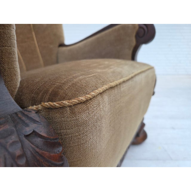 Danish Armchair in Green Furniture Velour and Carved Oak Wood, 1960s For Sale - Image 14 of 15
