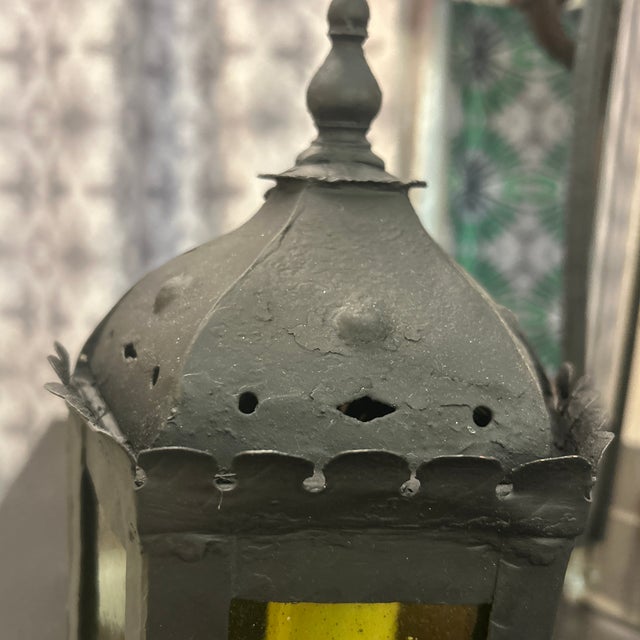 Gothic Antique Black Metal Wall Lantern Light With Blown Glass Panels For Sale - Image 3 of 11