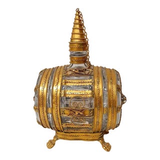 Antique Bohemian Glass and Gold Gilt Metal Barrell Decanter For Sale