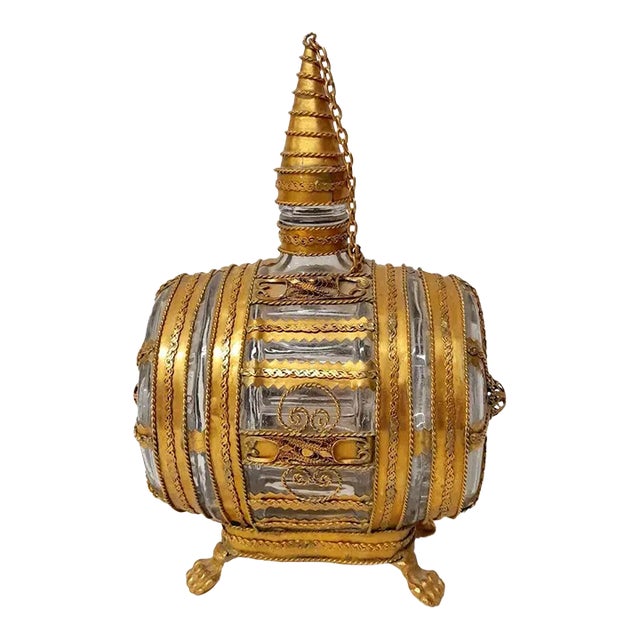 Antique Bohemian Glass and Gold Gilt Metal Barrell Decanter For Sale