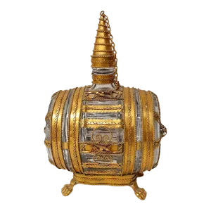 Antique Bohemian Glass and Gold Gilt Metal Barrell Decanter