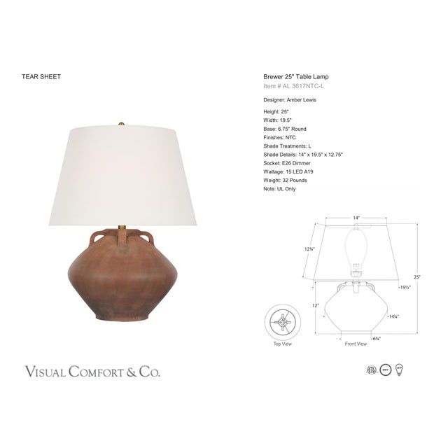 Amber Lewis by Visual Comfort Signature Brewer 25" Table Lamp in Natural Terracotta with Linen Shade Designer: Amber Lewis...