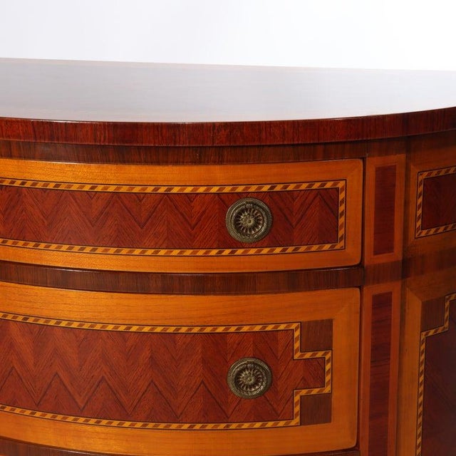 George Hepplewhite Early 20th Century Pair Italian Hepplewhite Style Satinwood & Rosewood Inlaid Demilune Consoles For Sale - Image 4 of 15