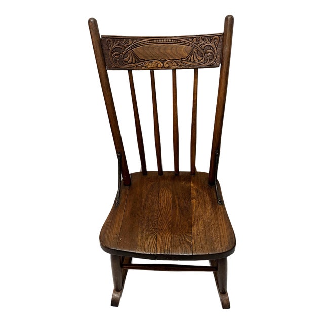 Antique Primitive Oak Rocking Chair, 19th Century Pressed Back Armless Rocker For Sale
