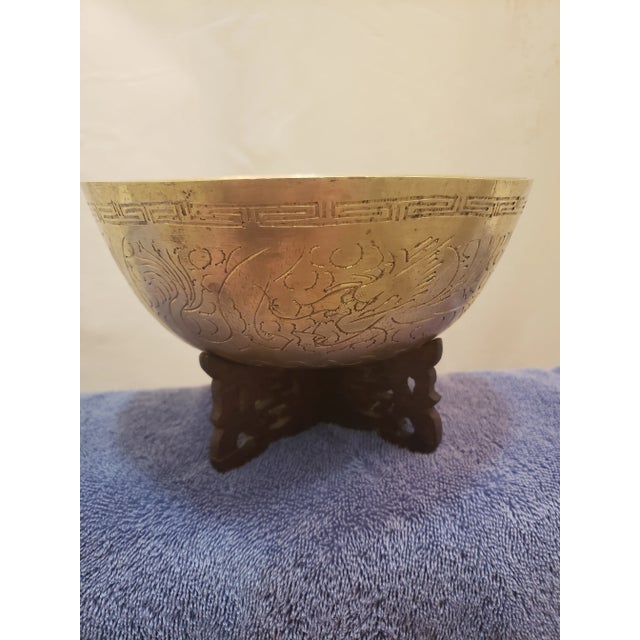 Metal Vintage Early 20th Century Chinese Brass Etched Dragon Motif Bowl and Carved Stand For Sale - Image 7 of 7