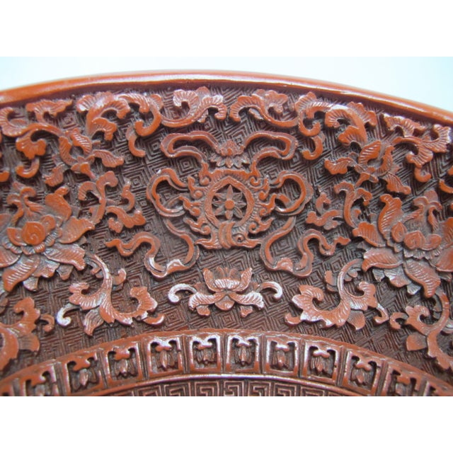 Chinese Carved Cinnabar Red Lacquer Lotus Bat Fish Design 11 1/4" Charger Plate For Sale - Image 12 of 14