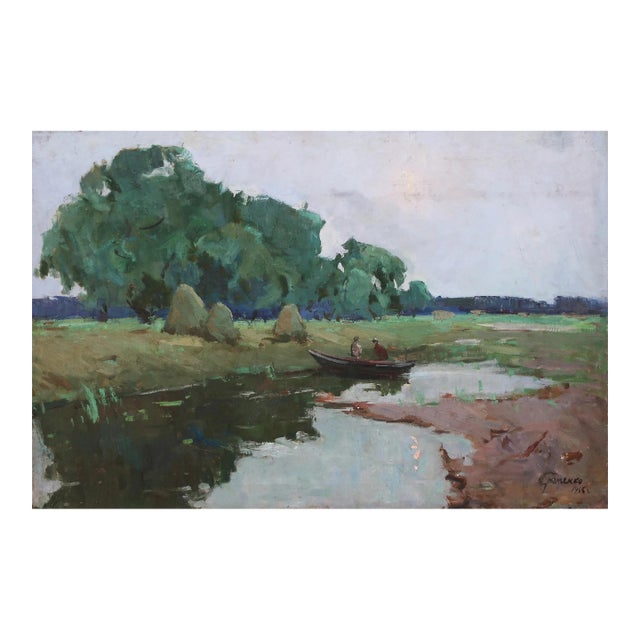 Original River Landscape Oil Painting, 1966 For Sale