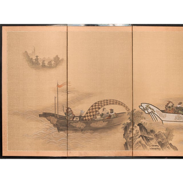 Elegant Japanese 4-panel painted byobu (folding screen) depicts a scene with a Chinese noble man and his guards in boats....