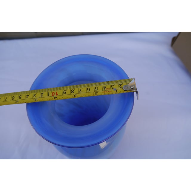 Contemporary Blue Ombre Art Cased Glass Vase With Gold Glitter Drip Swirl Accents Hand Blown For Sale - Image 11 of 13