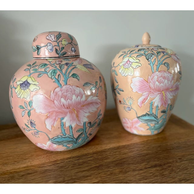 Peachy Beachy gingers in a floral motif each featuring a gorgeous, giant, peony bloom. A set of two, but each one unique...