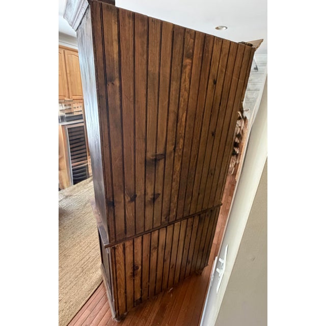 Antique-Style Pine Step-Back Hutch With Wavy Seedy Glass Doors For Sale - Image 10 of 10