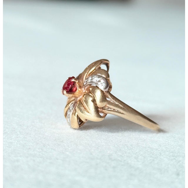 Vintage Mid-Century 18k Yellow Gold Garnet and Diamond Flower Cluster Ring, Size 7 For Sale - Image 10 of 12