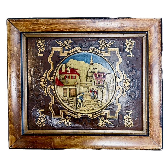 Antique Framed Embossed Colonial Philadelphia Village Scene Leather Panel For Sale - Image 4 of 14