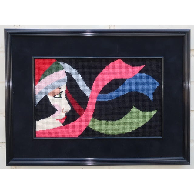 Art Deco Style Needlepoint Lady Wall Hanging in Manner of Georges Lepape For Sale - Image 4 of 7