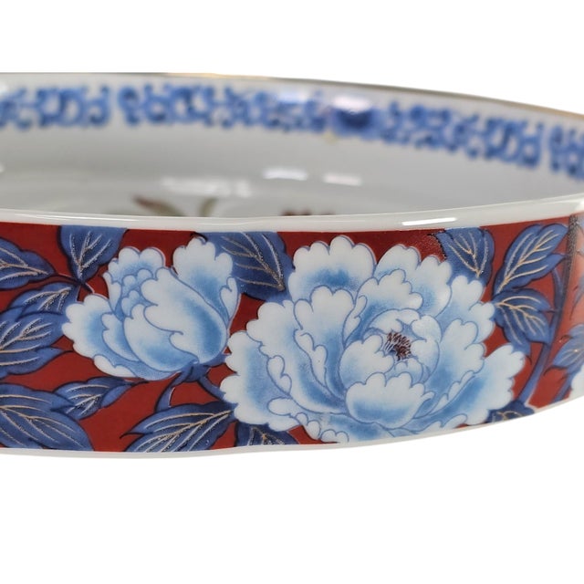 Ceramic Japanese Izumi Imari-Style Porcelain Bowl With Iris and Peony Motifs, Red and Cobalt, Late 20th Century For Sale - Image 7 of 10
