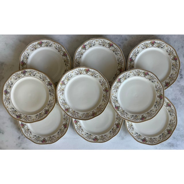 Set of 9 vintage dinner plates in the Duchess pattern made in Bohemia Czechoslovakia by Baronet featuring an ivory...