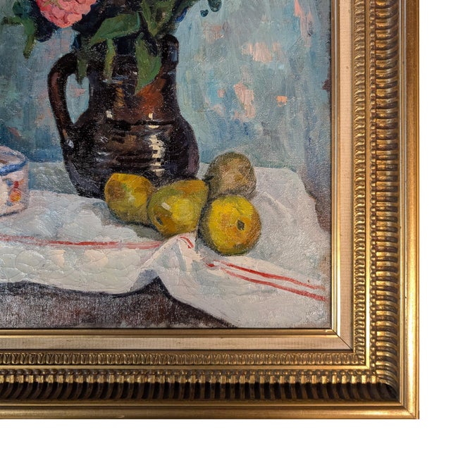 1940s French Normandy School Post-Impressionist Oil on Canvas Still Life Flowers Fruit by Franck Innocent, 1941 For Sale - Image 5 of 13