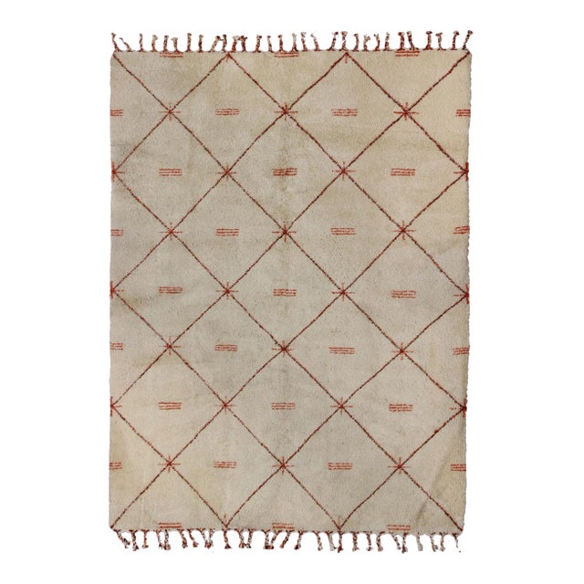 Ivory Background Vintage Large Moroccan Rug With Orange/Brown Diamond Pattern 9′ × 12′ For Sale