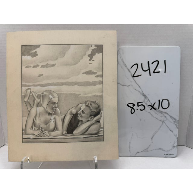 1940s Original t.e. Schrock Signed Graphite Illustration of Two Women at the Beach, 8.5'' X 10''. For Sale In Atlanta - Image 6 of 6