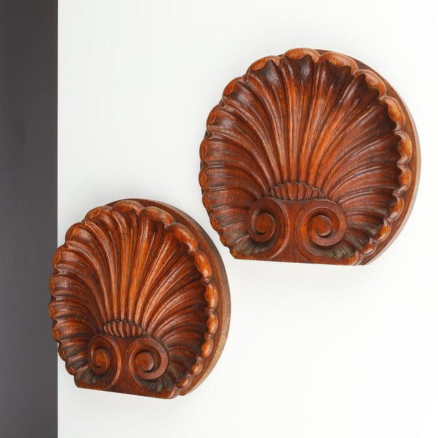 Pair of Early 20th Century Danish Carved Oak Scallop Shell Ornaments For Sale - Image 4 of 8