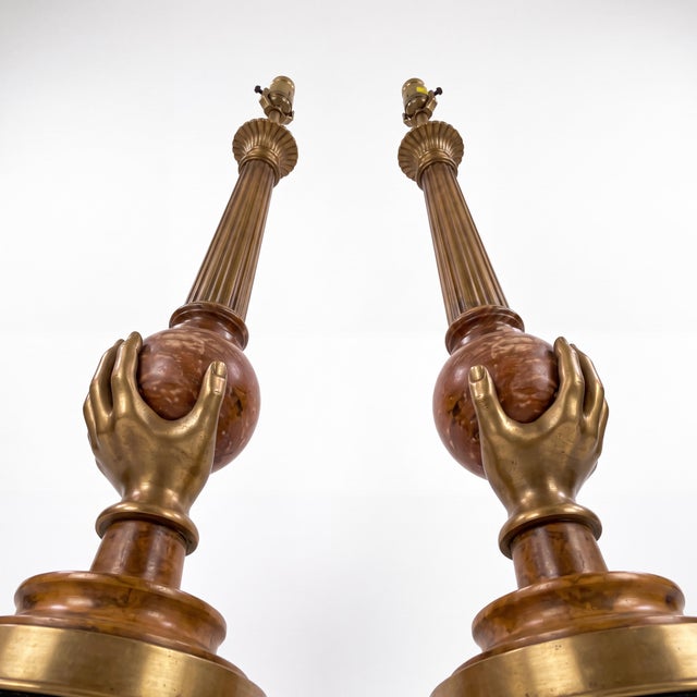 Modern Neo-Classical Style Cerused Pine and Brass Hand Chapman Table Lamps- Pair For Sale - Image 10 of 11