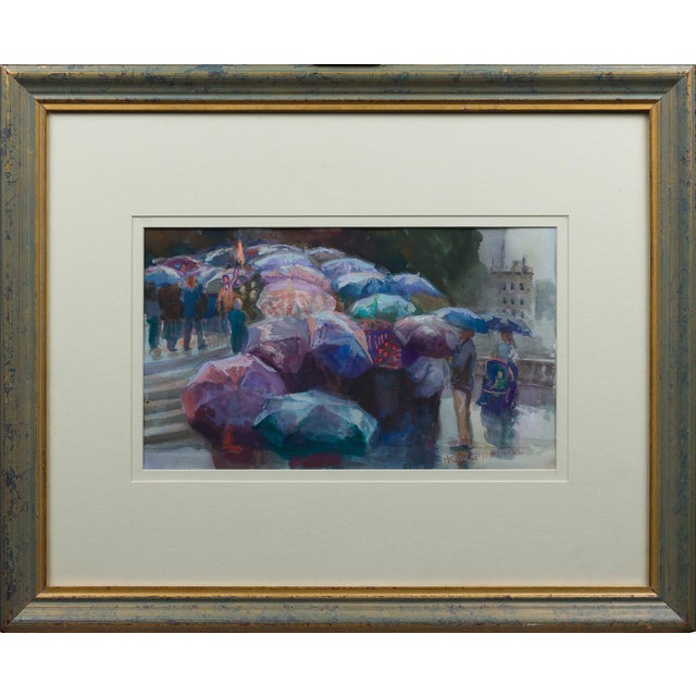 This watercolor on paper captures a bustling scene in Brussels, where figures are shaded under vibrant umbrellas, creating...