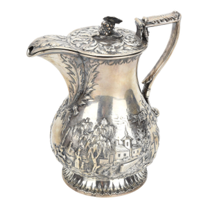 Circa 1835 American Coin Silver Repoussé Hooded Jug by Samuel Kirk, Baltimore