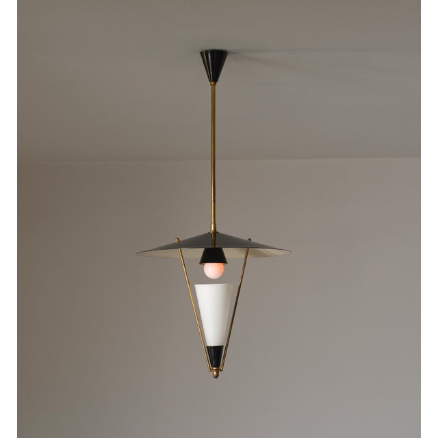 Vintage Italian Pendant Light with Black Saucer Shade and Opaline Glass, 1950s For Sale - Image 9 of 10