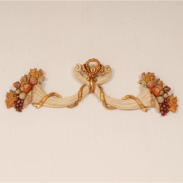 French Country Italian Wall Ornament Florentine Hand Carved Giltwood and Polychrome Cornucoppia Horn Tariff Free Delivery For Sale - Image 3 of 10