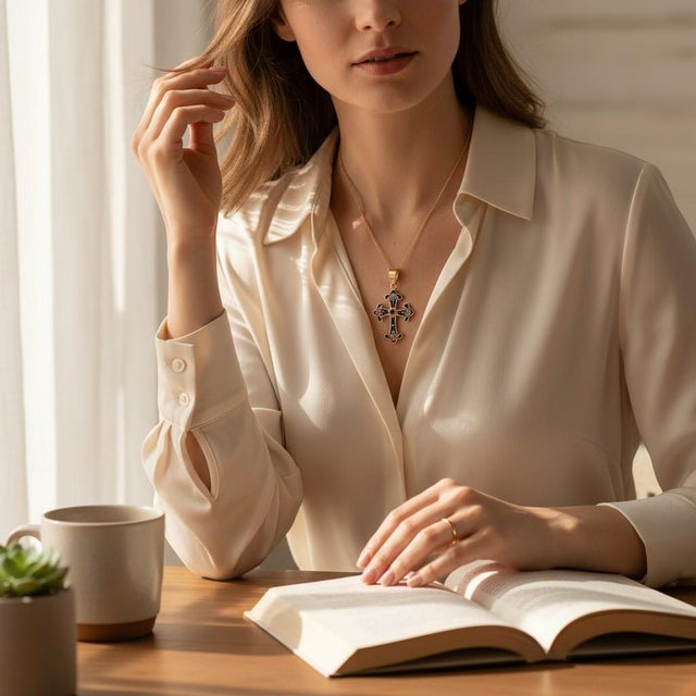 Late 20th Century Vintage 14k Yellow Gold Blue Enamel Cross Pendant With Garnet Center & 16" Cable Chain For Sale - Image 5 of 9