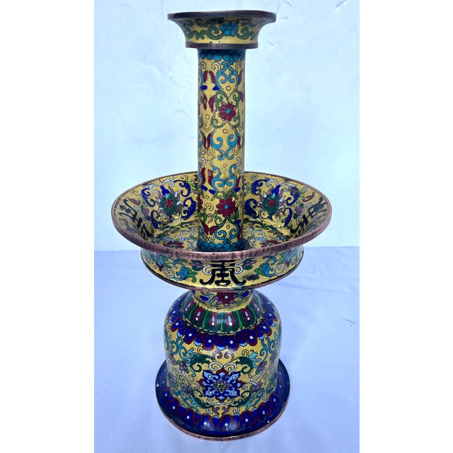 Metal 19th Century Chinese Imperial Yellow Cloisonné Enamel Pricket Candle Holders - A Pair For Sale - Image 7 of 18