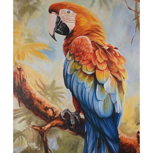 A radiant macaw set against a lush forest background - warm and cool tones in vivid balance. Original one-of-a-kind oil on...