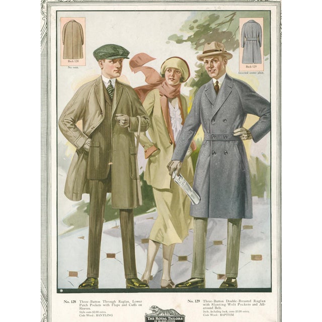 Original vintage men’s fashion advertising plate from The Royal Tailors, 'In 10,000 Cities.' Features No. 128, a three-...