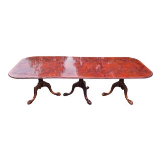 Vintage Carved Mahogany Chippendale Style Triple Pedestal Dining Table For Sale