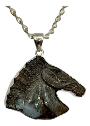 1990s Impressive Carved Boulder Opal Horse Pendant Necklace 925 Sterling Silver Signed Charles Albert