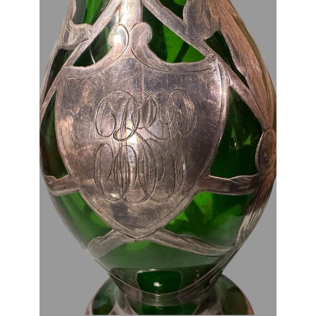 Antique Art Nouveau Sterling Silver Overlay Green Art Glass 8" Vase For Sale - Image 11 of 12