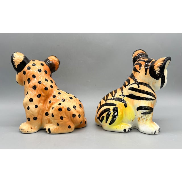 Fitz and Floyd Vintage Shafford Japan Ceramic Leopard & Tiger Cub Figurines — Hand-Painted Pair — Hollywood Regency / Whimsical For Sale - Image 4 of 11