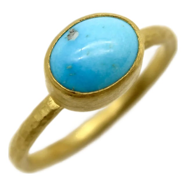 1990s 24k Gold Handmade Persian Turquoise Cabochon Ring, Size 7.5 For Sale