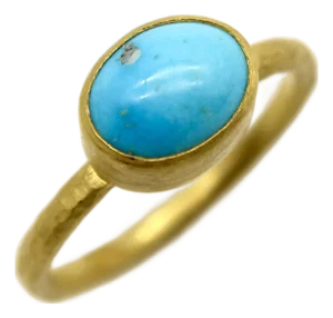 1990s 24k Gold Handmade Persian Turquoise Cabochon Ring, Size 7.5