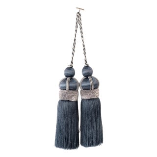 Pair of Smoky Blue Key Tassels With Satin & Cut Velvet Details For Sale
