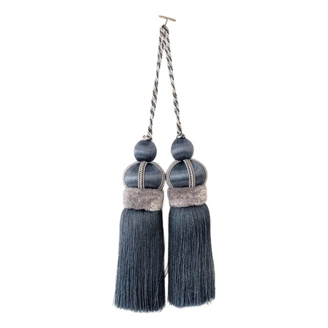 Pair of Smoky Blue Key Tassels With Satin & Cut Velvet Details For Sale